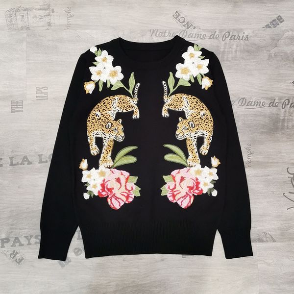 

роскошный дизайнерский бренд трикотажные свитера для женщин аппликациями вышитая цветок двойной leopard сыпучих трикотажной свитер пуловера, White;black