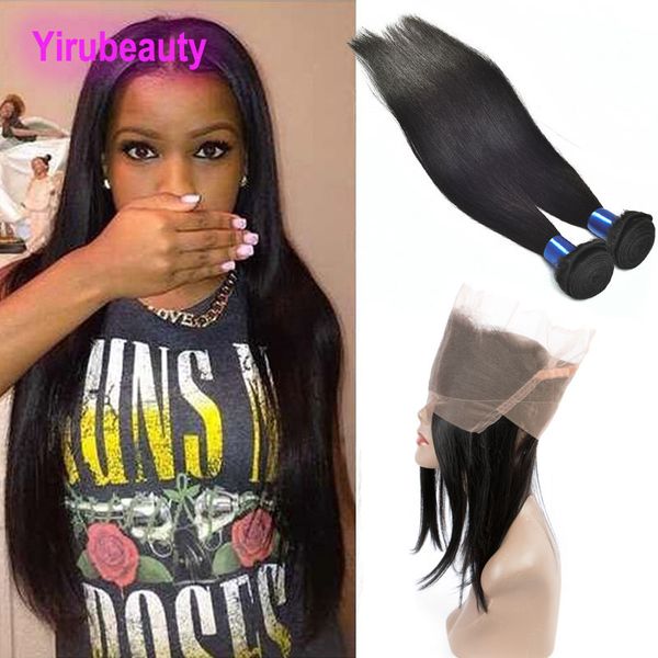 

malaysian 360 lace frontal with 2 bundles straight human hair smooth straight closure hair wefts, Black;brown