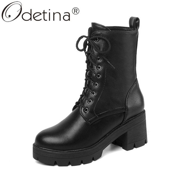 

odetina women fashion cross-tied platform thick fur motorcycle boots ladies new round toe lace up block high heel mid calf boots, Black