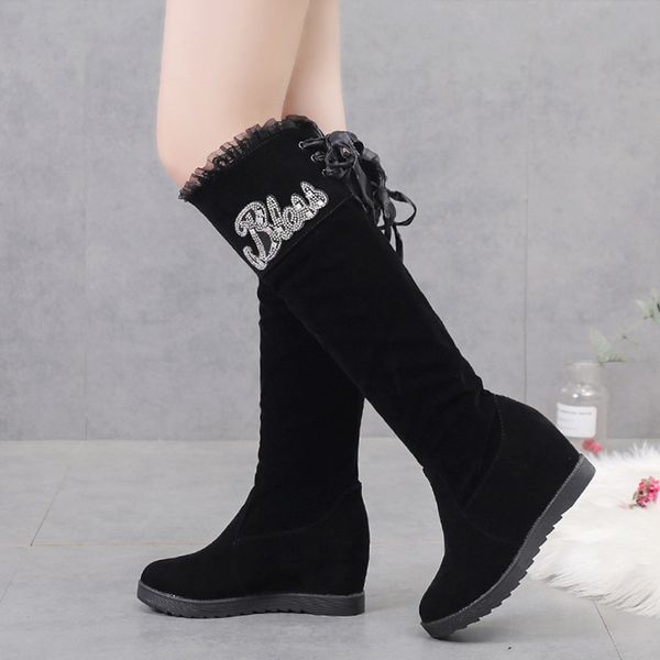 

rimocy shiny rhinestone knee high boots women chunky hidden heels lace up winter shoes woman faux suede black long boots mujer