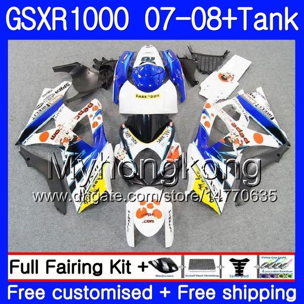 Kit + Tanque Para SUZUKI GSX R1000 GSXR-1000 Pepephone branco GSXR 1000 2007 2008 301HM.42 GSX-R1000 07 08 Corpo K7 GSXR1000 07 08 Carenagem 7Gifts