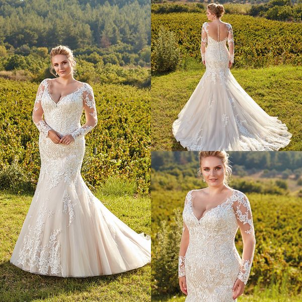 

eddy k plus size wedding dresses v neck lace appliqued button back long sleeve bridal gowns custom gorgeous mermaid wedding dress robe, White