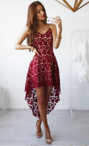 

burgundy lace hi low party dresses spaghetti occasion straps cocktail dress short front long back formal wear, Black