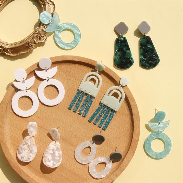 

new korean 2020 acrylic circle long earrings for women green tortoiseshell round hook hanging dangle earring, Silver