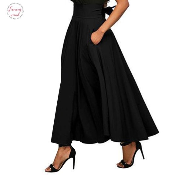 

2020 long skirt women fashion waist tie solid spring summer maxi skirts for a line elegant pleated female skirts cdr1470, Black