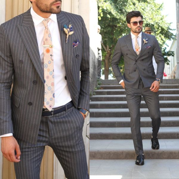 Custom Made Mens Suit 2020 Wedding Smoking 2 botões Suits Stripe melhor homem Noivo Fatos de Tweed smoking 2 peças (jacket + pants)