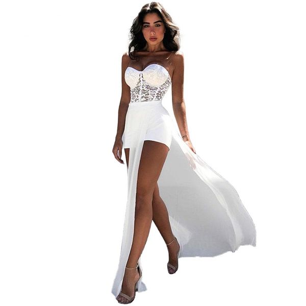 

ladies summer strapless shorts playsuits beach style side high slit voile long dress catsuits, Black;white