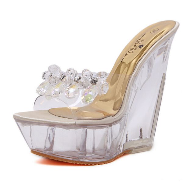

14cm ultra-high heels crystal platform slippers wedge mules transparente summer slides women sandals 2019 wild shoes women, Black