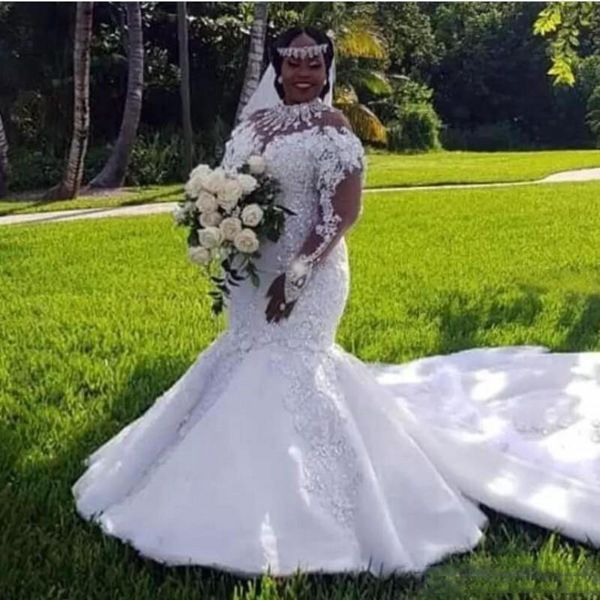 

африканский плюс размер свадебные платья кружева аппликации sheer длинные рукава русалка свадебное платье развертки поезд старинные свадебны, White