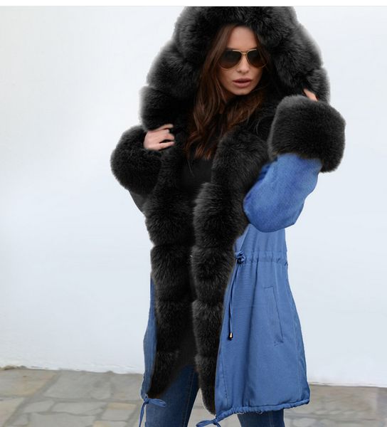

new fashion women winter warm parkas solid long sleeve hooded fur coats patchwork elastic waist thick outerwear ladies long coat, Black