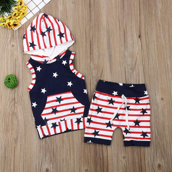 

baby boy clothes 4th of july stars striped print hoodie vest shorts outfit set kids clothing hooded short sleeve, White