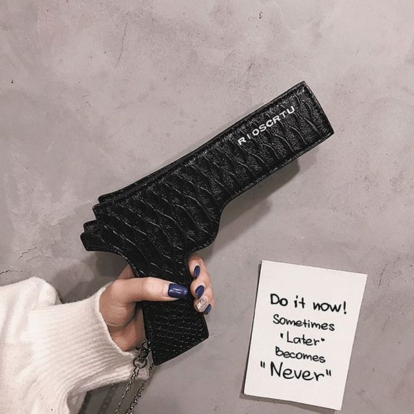 

new designer funny pistol messenger bag cool personality chains pu leather shoulder bags sac a main small bag purse female