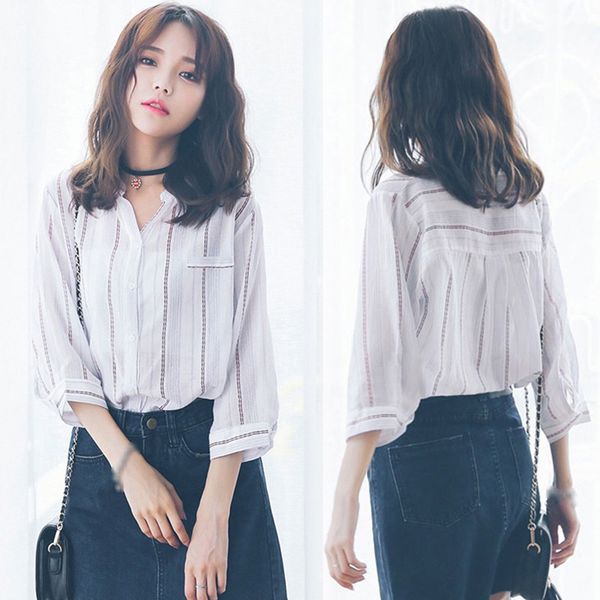 

classic striped blouse women summer shirt long sleeve white navy casual loose