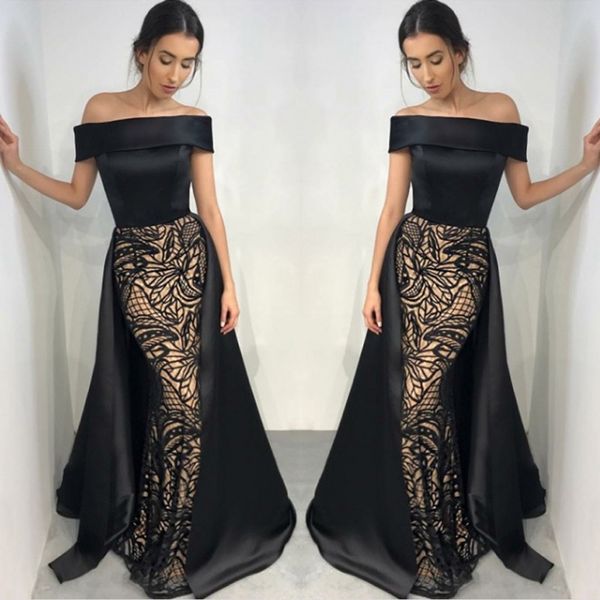

charming black mermaid evening dress elegant off the shoulder satin lace red carpet celebrity dresses with detachable train, Black;red