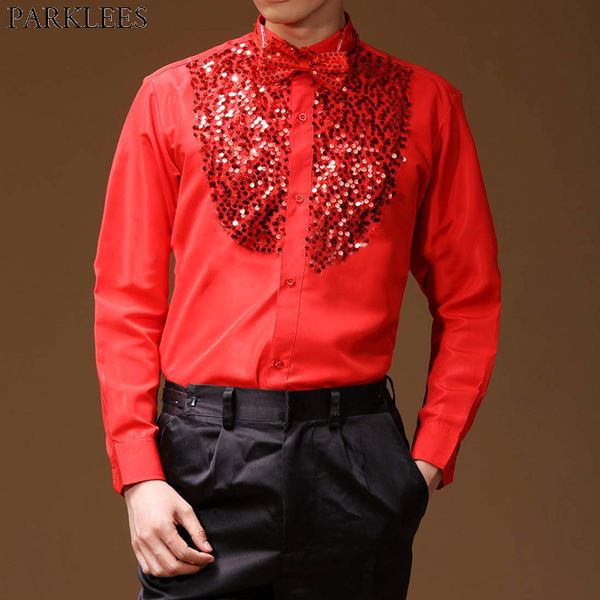 

mens dance stage shirts brand wing tip collar sequin patchwork tuxedo shirt men western cowboy festivals prom shirt with bowtie, White;black