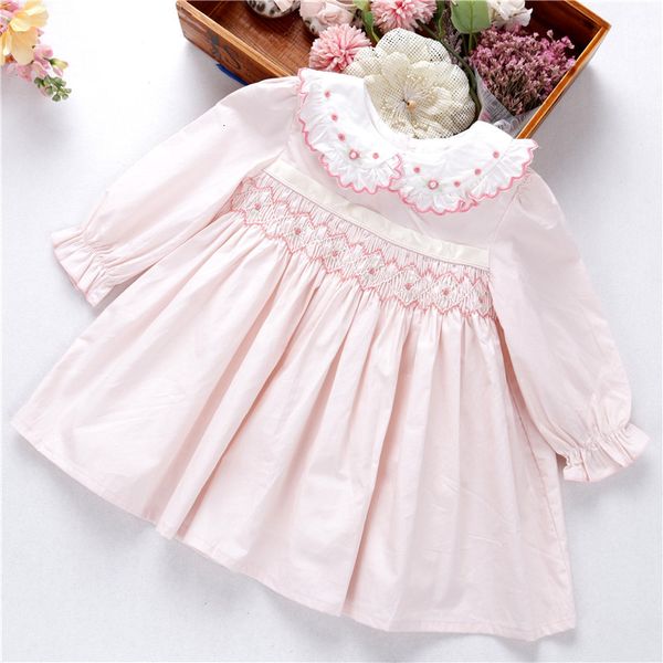 

autumn baby girl smocked dress hand made long sleeve pink baby smocking clothes princess party kids dresses children clothes, Red;yellow