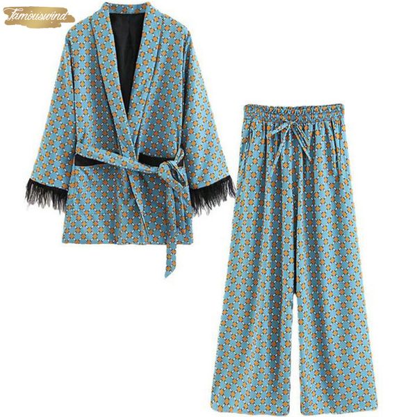 

2019 новая куртка прибытия синий printed брюки кимоно с пером wide leg сыпучие cuasal женщины винтажная одежда костюмы, Black;brown