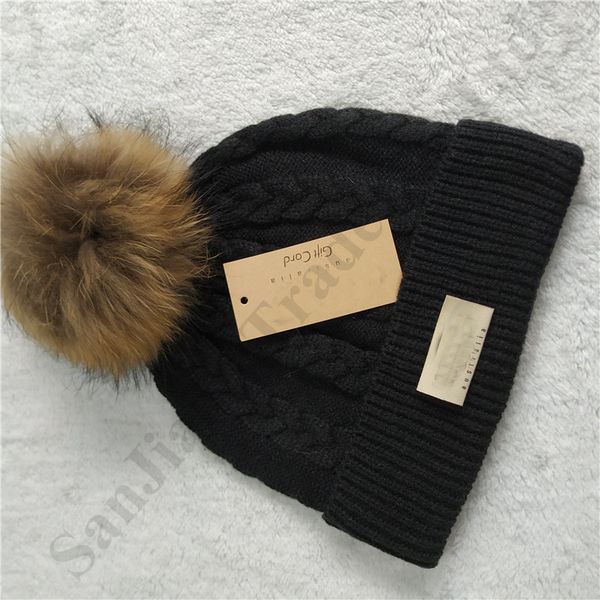 

brand ug winter crochet hats with raccoon fur ball australia knitted beanies women men outdoor skull caps pompom hat c120506, Yellow