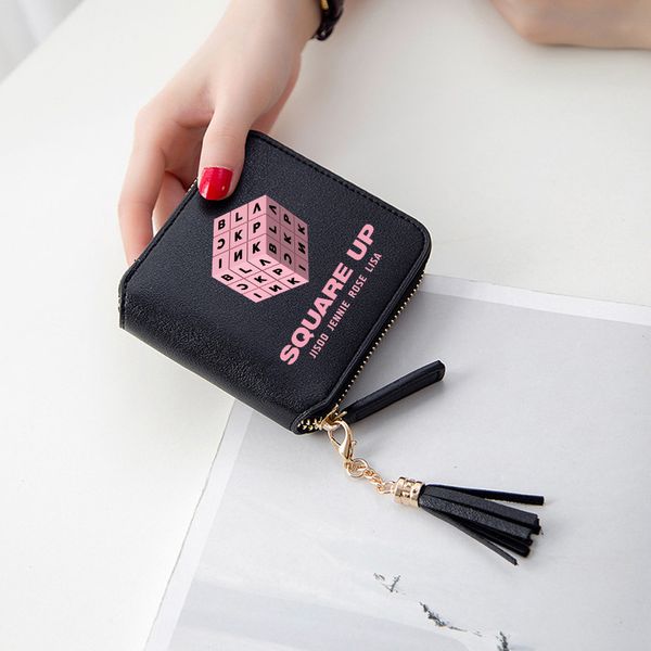 

2018 blackpink square up wallet black pink new tassel purse pu leather wallet kpop short zipper card wallets 3d stylish, Red;black