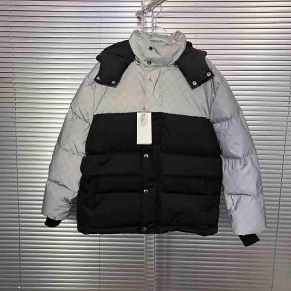 

20ss mens jacket down hooded winter white duck down coat smooth print zipper streets reflective material, Black
