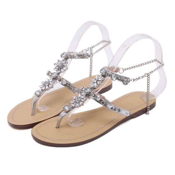 

2020 casual crystal flip-flop shoes woman beach rome style flats sandals shoes clip-toe rhinestone metal chain lady shoes, Black