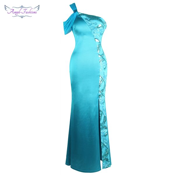 

angel-fashions women's ruched one shoulder evening dress splicing sequin slit elegant long formal party sky blue j-190705-s, White;black