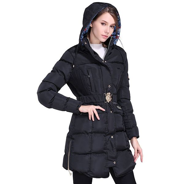 

women multi pockets floral print hooded metal zip button slim elastic belt waist side split poly padded long jacket outcoat winter, Black;brown