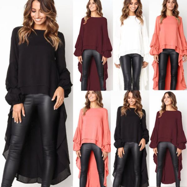 

2019 new brand women latern long sleeve wrap shirt chiffon plain asymmetrical long blouse shirt, White
