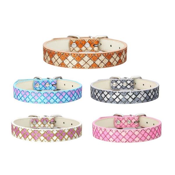 

shiny plaid dog collar pu leather pet collar for small dogs adjustable comfortable puppy necklace outdoor travel leads teddy 10e
