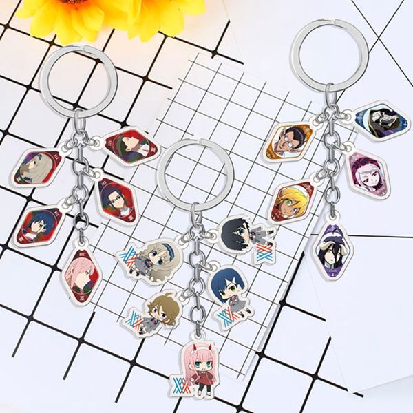 

5 in 1 anime keychain japanese cartoon acrylic zero two otaku car key holder chain pendant keyring jewelry party gift, Silver