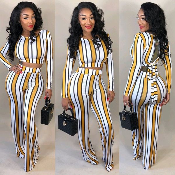 

2 two piece set and pants spring summer outfits tracksuit women long sleeve wide leg pants striped print ensemble femme, White