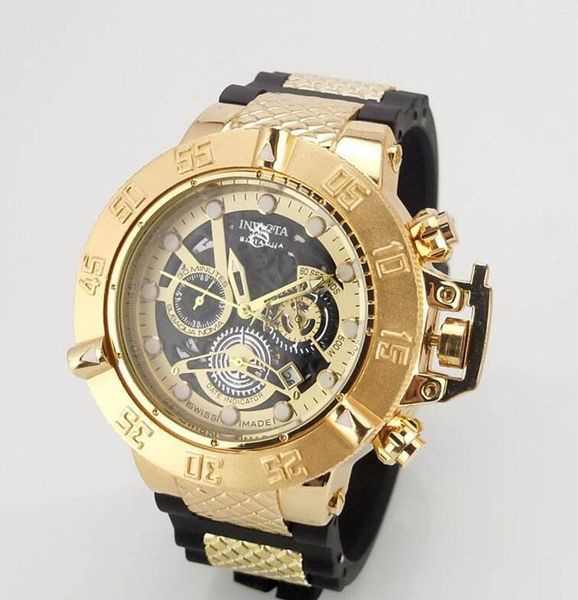

invicta gold watch all sub dials working men sport quartz watches chronograph auto date rubber band wrist watch for male gift, Slivery;brown