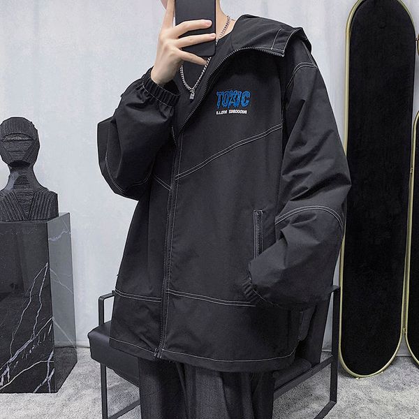 

2020 весна и осень новый молодежный мужской сплошной цвет свободная куртка с капюшоном мода повседневная дикий закрытие топ серый / черный, Black;brown