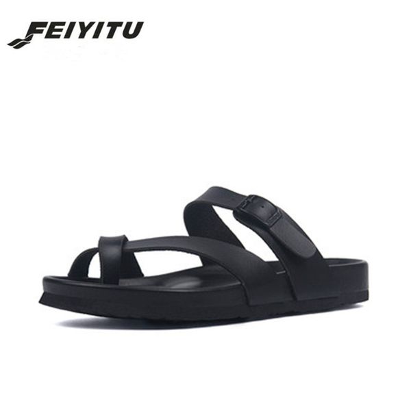 

feiyitu fashion summer cork slippers sandals 2019 new men casual beach double buckle printed slip on slides shoe flat plus siz c13, Black