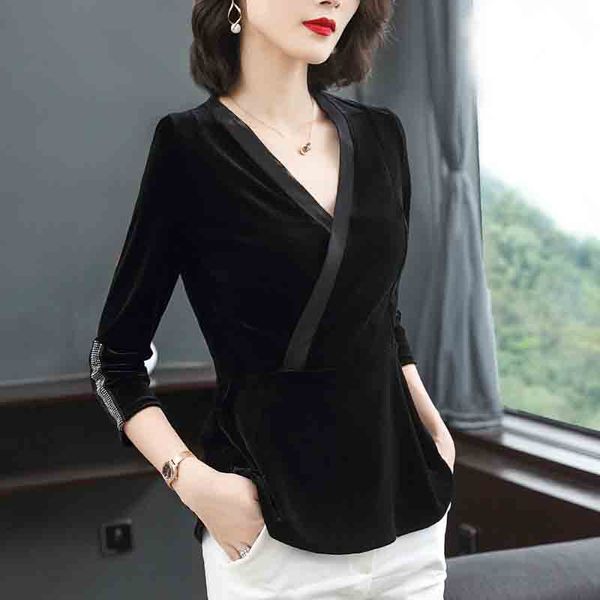 

2019 осень новый черный v-образным вырезом золотой бархат рубашки тонкой талии с длинными рукавами моды в западном стиле футболки женщин, Black