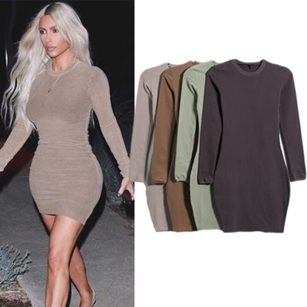 

европейский и американский стиль кардашян же улица новый цвет земля плотно мыть показать тонкие шею длинным рукавом платье дна рубашки кк, White;black