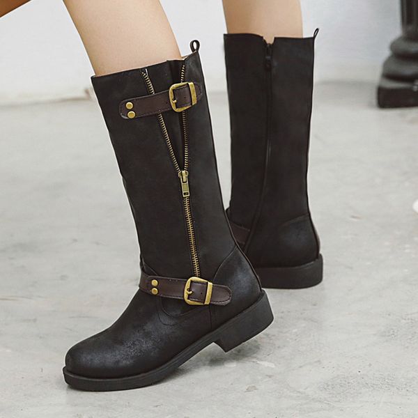 

sagace women long boots fashion pure color round toe slip-on boots chunky heels vintage women winter warm boot botas mujer, Black