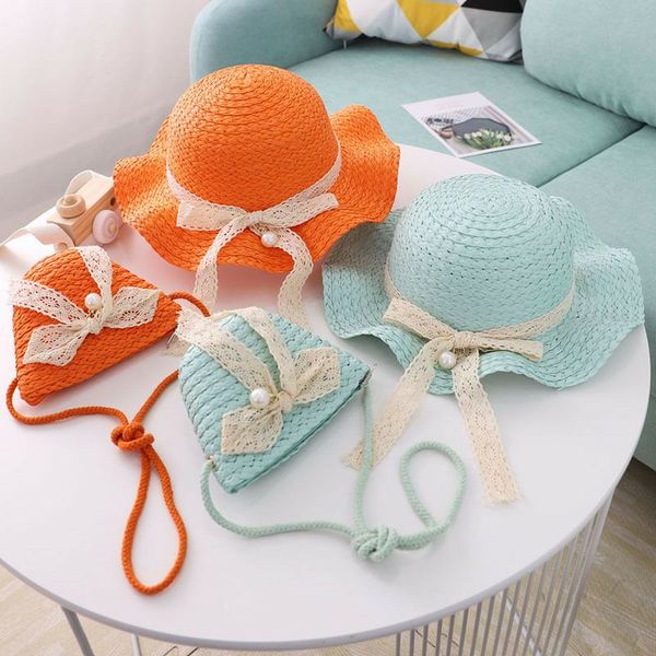 

мода кружева лук pearl ребёнок соломенной шляпе с мешком 2pcs комплектов summer beach соломенная дети вс cap детские фотографии реквизит, Yellow