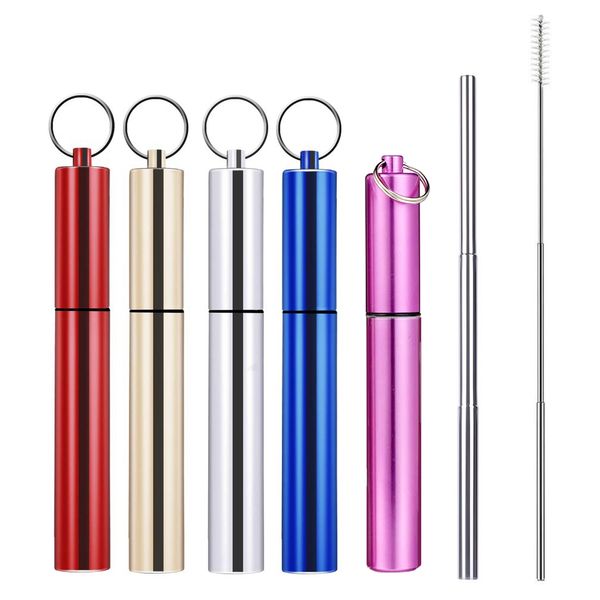 

portable reusable folding drinking straws stainless steel metal telescopic foldable straws with aluminum case & cleaning brush mma1921-1