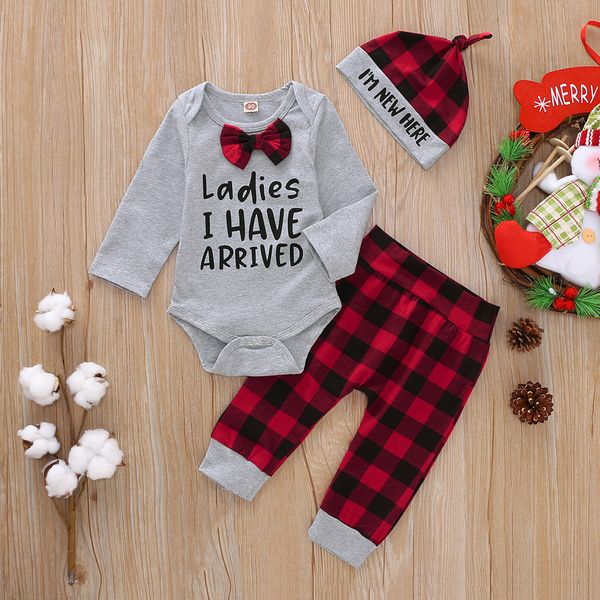 

newborn infant baby boys clothes gentleman suit for boys letter romper bodysuit plaid pants hat 3pcs outfits clothes, White