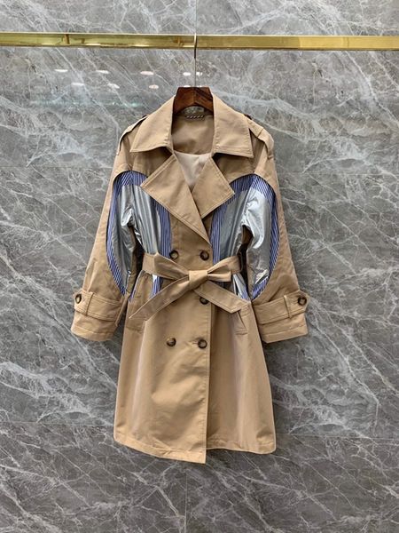 

early autumn 2019 new lady's lapel irregular patchwork stripe tie-in waist double-row button windbreaker 806, Tan;black