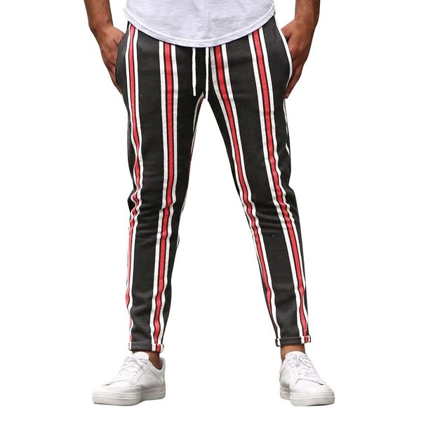 

streetwear pantalones hombre pants men splicing striped overalls casual pocket sport work casual trouser pants cargo men, Black