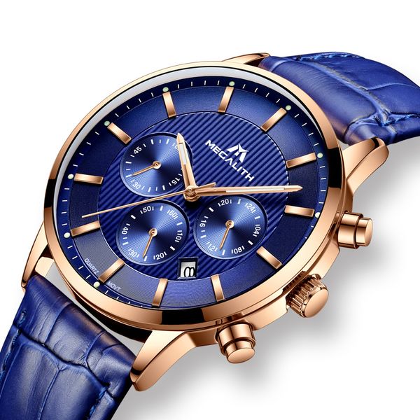 

мегалит моды часы водонепроницаемый хронограф дата календаря кварцевые наручные часы для мужчин часы синий из натуральной кожи, Slivery;brown