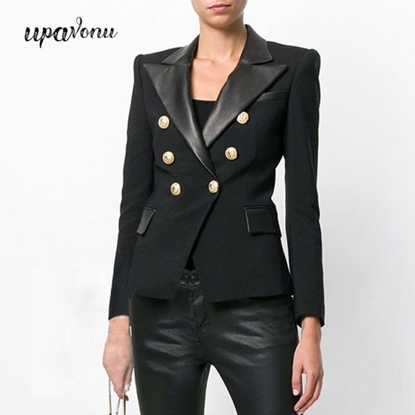 

upavonu 2020 new spring quality design pu leather collar slim black blazer formal classic long sleeve double breasted blazers, White;black