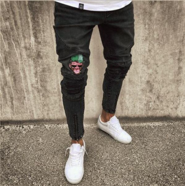 

men's fashion vintage ripped jeans super skinny slim fit zipper denim pant destroyed frayed trousers cartoon gothic style, Blue