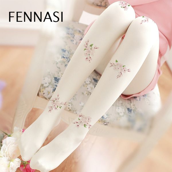 

japanese white nylons lady tights cute kawaii sticky woman tights velvet retro flower pattern pantyhose women print fennasi, Black;white