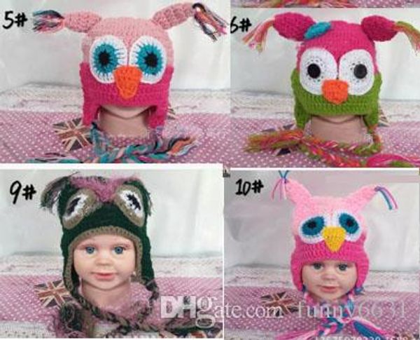 

10pcs winter baby hand knitting owls hat knitted hat children's caps 11 color crochet hats for kids boy and girl hat ing, Blue;gray