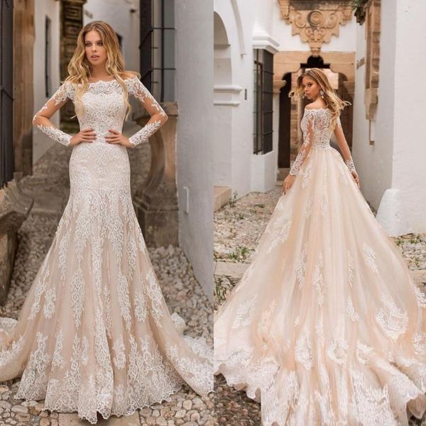 

overskirts mermaid wedding dresses champagne detachable train long sleeves off shoulder middle east full lace plus size bridal gowns, White