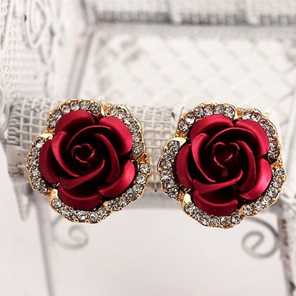 

luxury rose flower stud earrings for women crystal clip on earrings fashion girls jewelry gift in bulk, Golden;silver