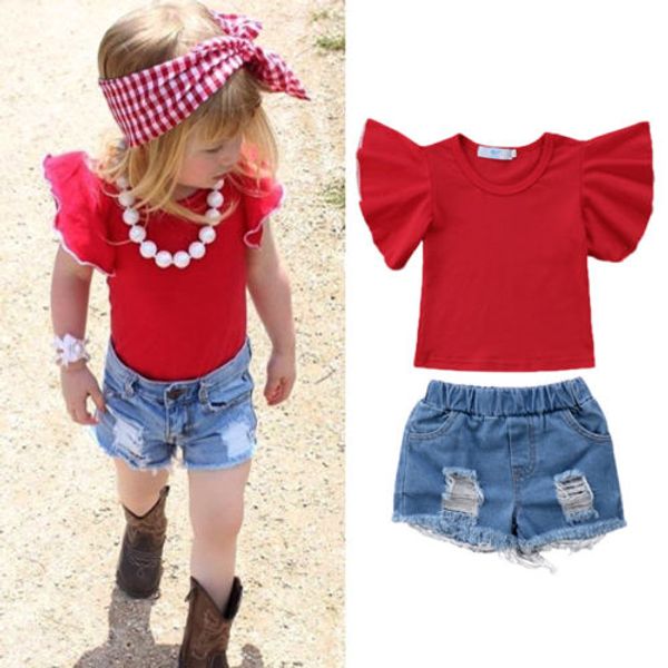 

2018 new summer kids girls 2pcs clothes baby girls red ruffle t-shirt hole jeans denim short pants children casual outfits, White